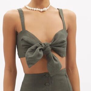 CASA RAKI Cala Tie-Front Organic Linen Bralette - Khaki Green - Medium